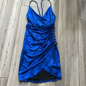 Guess Liquid Lame Metallic ruched electric blue mini dress S
